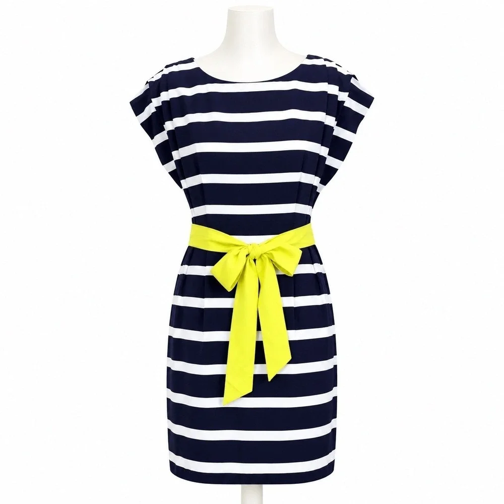 Eliza J Nautical Stripe Dress 12 Chartreuse Sash Coastal Prep Derby Cruise